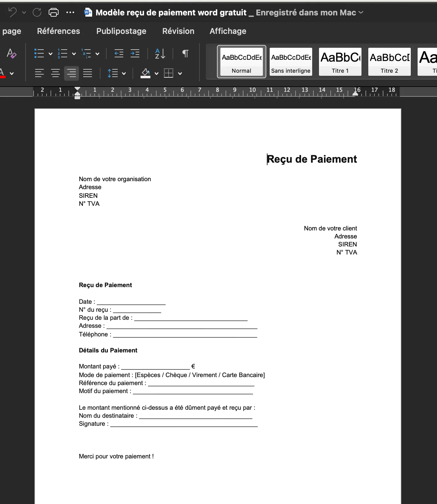 Téléchargez gratuitement notre modèle Word de reçu de paiement