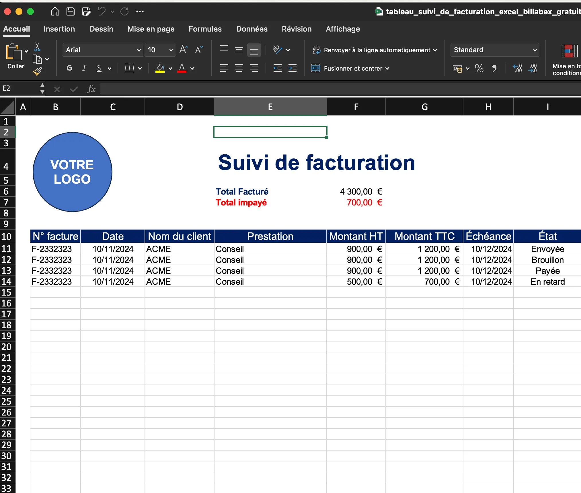 Téléchargez gratuitement notre modèle de tableau de suivi de facturation avec Excel