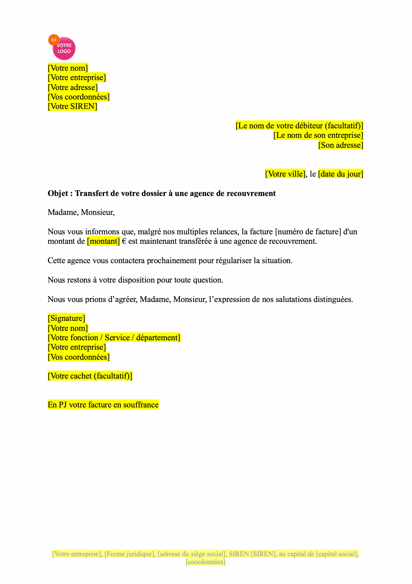 modèle de Notification de transfert à une agence de recouvrement
