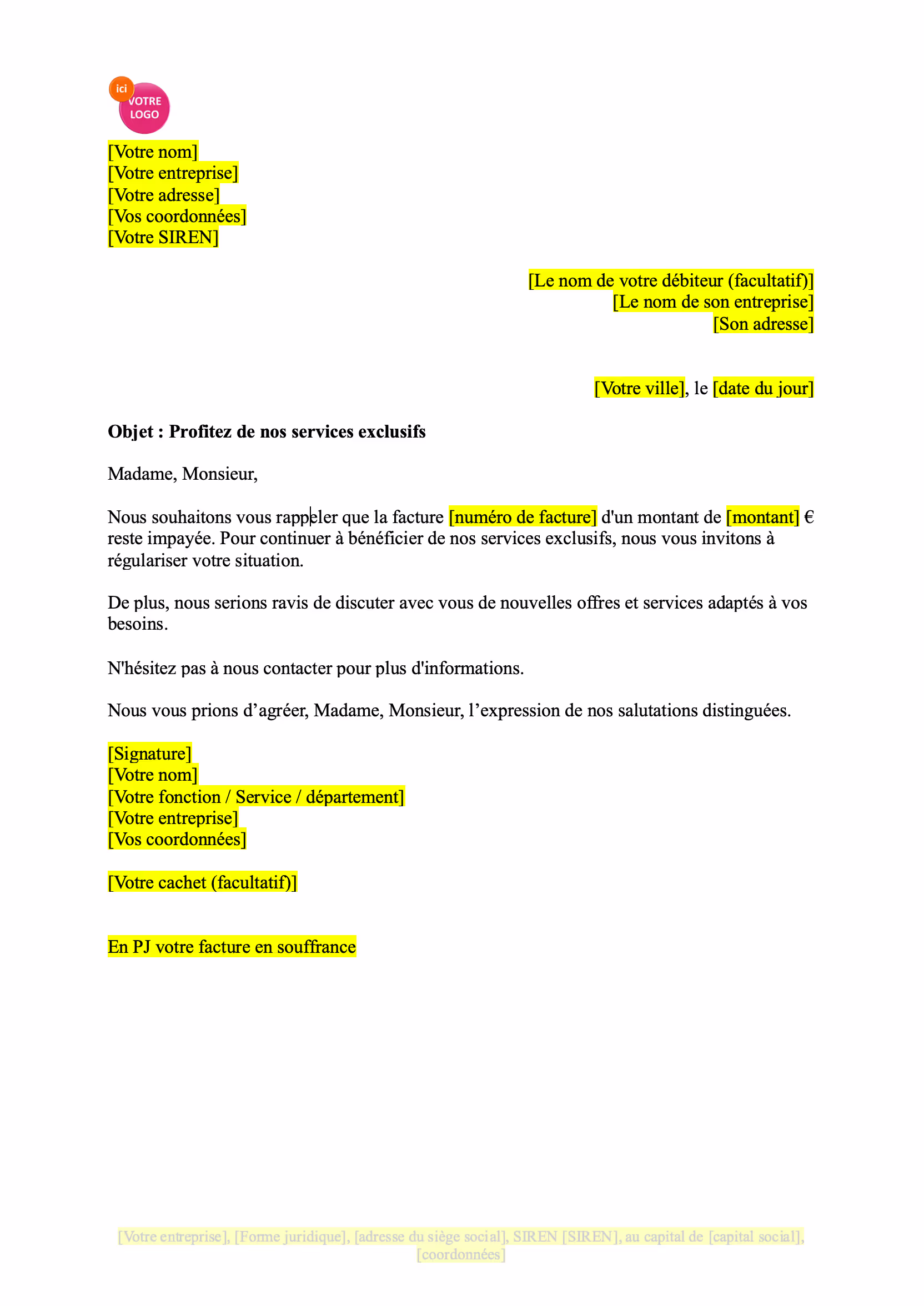 modèle de Relance avec offre de services supplémentaires