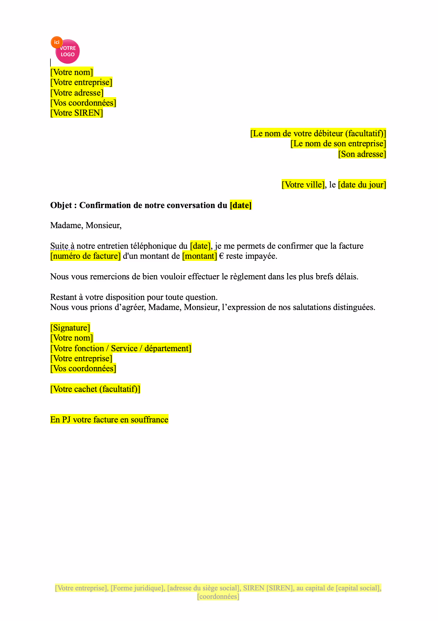 modèle de relance par téléphone suivie d'une confirmation écrite