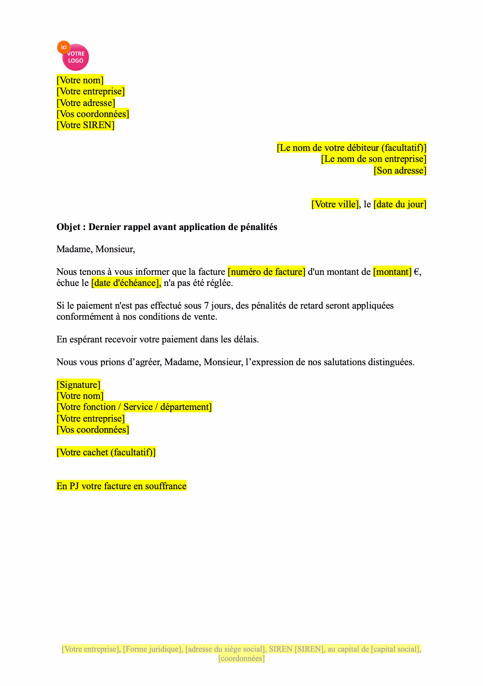 modèle de Relance avant l'application de pénalités