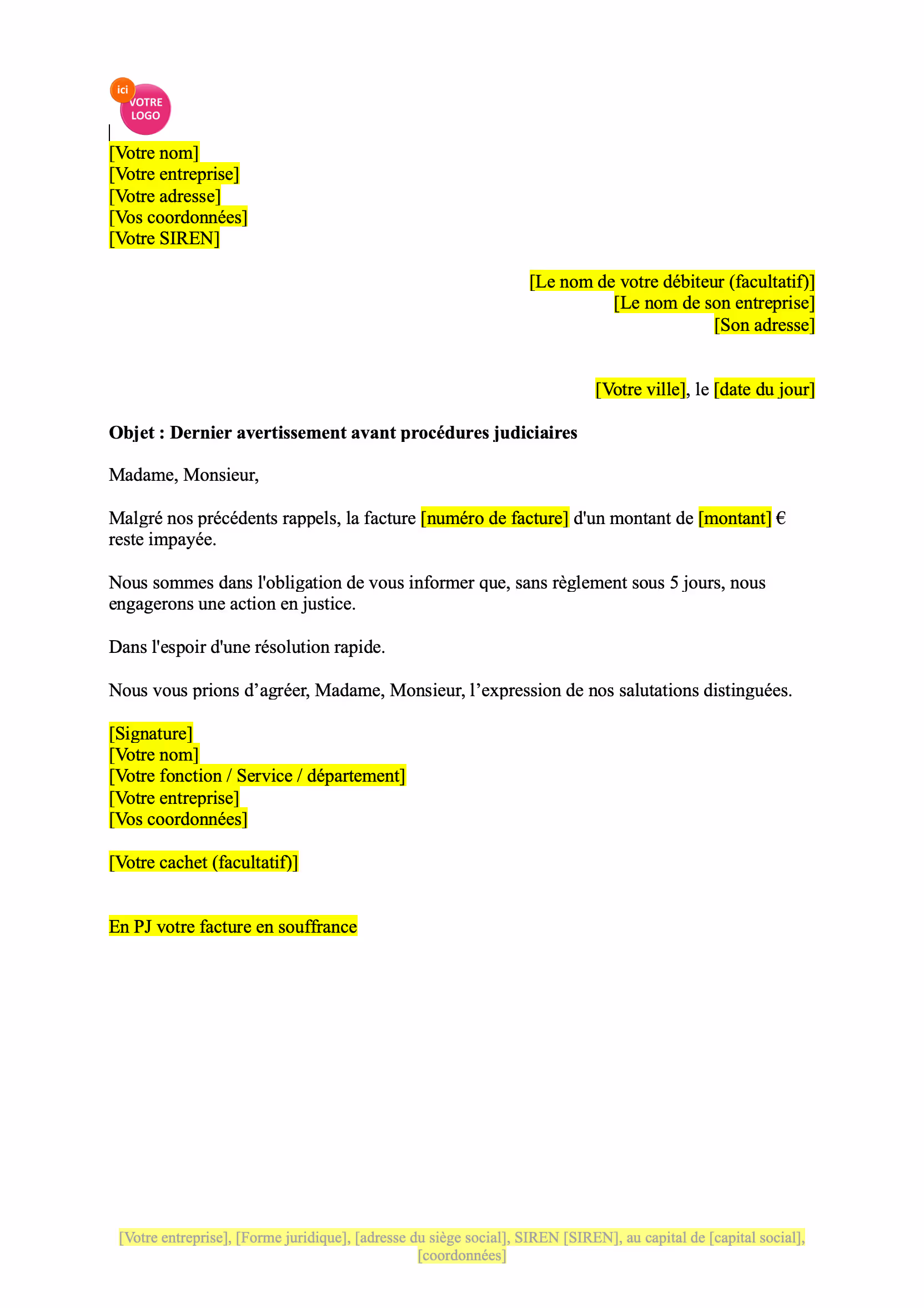 modèle de Dernier avertissement avant actions légales