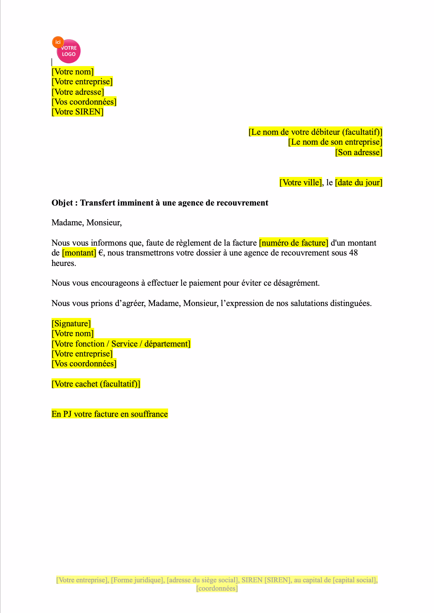 modèle d'Avis de transmission à une agence de recouvrement