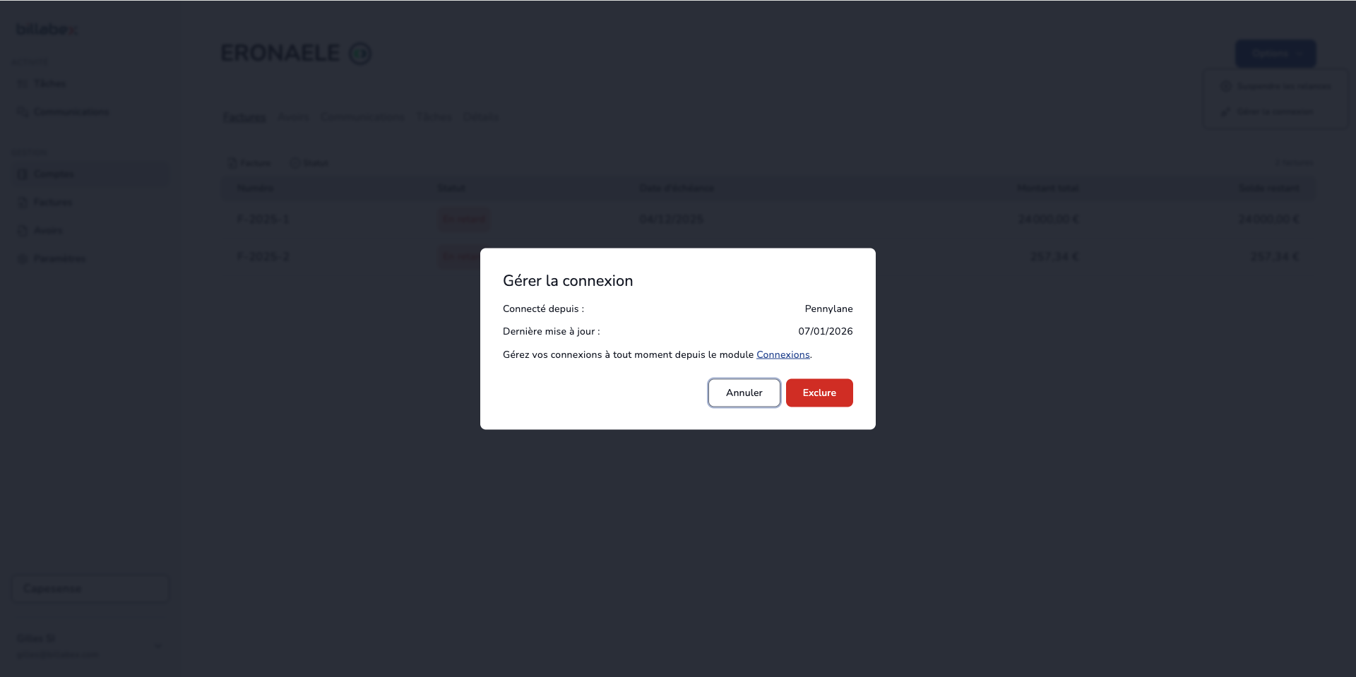 Manage connection dialog showing Pennylane as the source and the last update date.