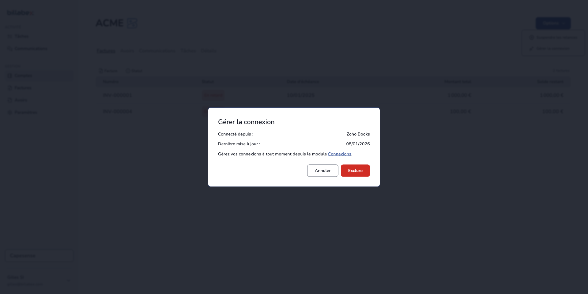 Manage connection dialog showing Zoho Books as the source and the last update date.
